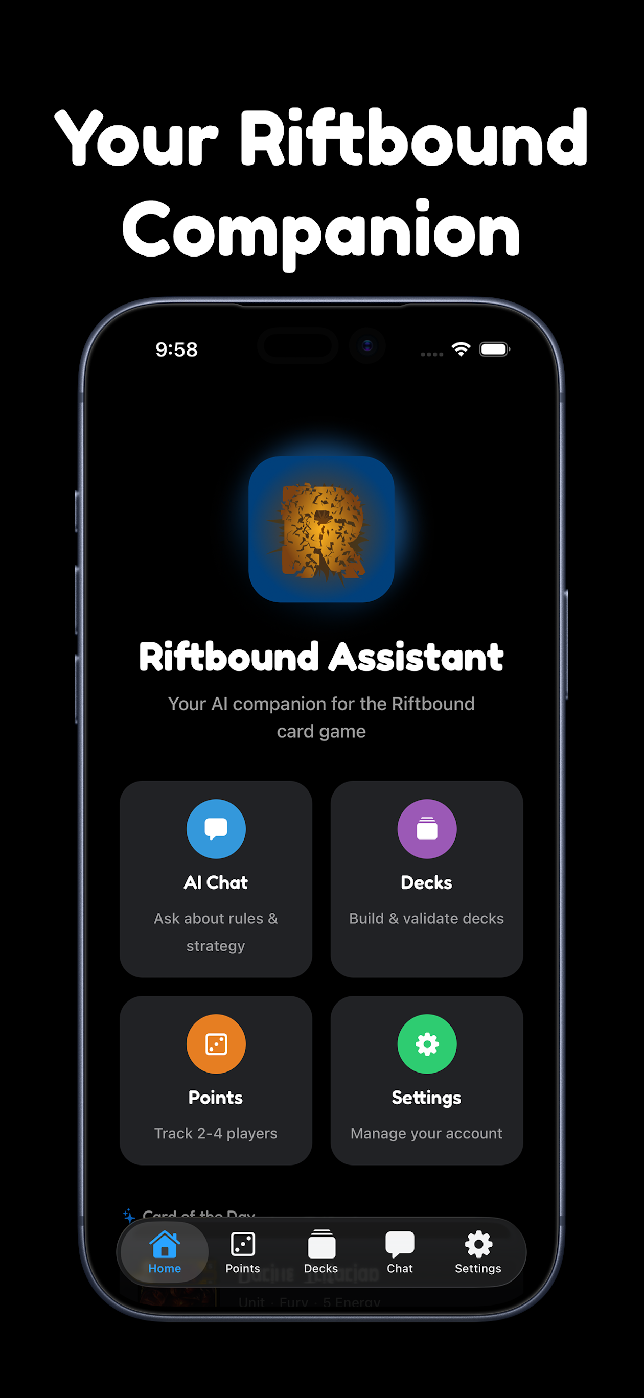 Riftbound Assistant home screen